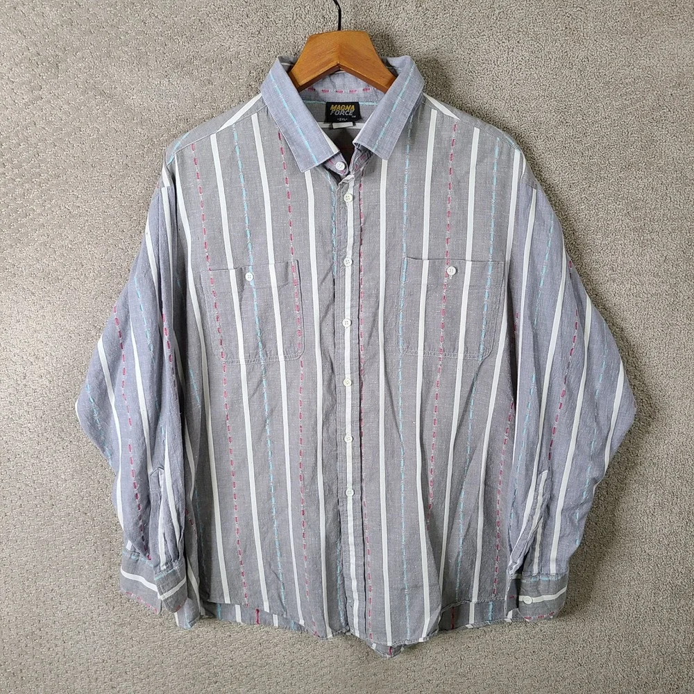 Vintage Magna Force Shirt Mens 2XL Gray Striped Long Sleeve Button Up USA Cotton